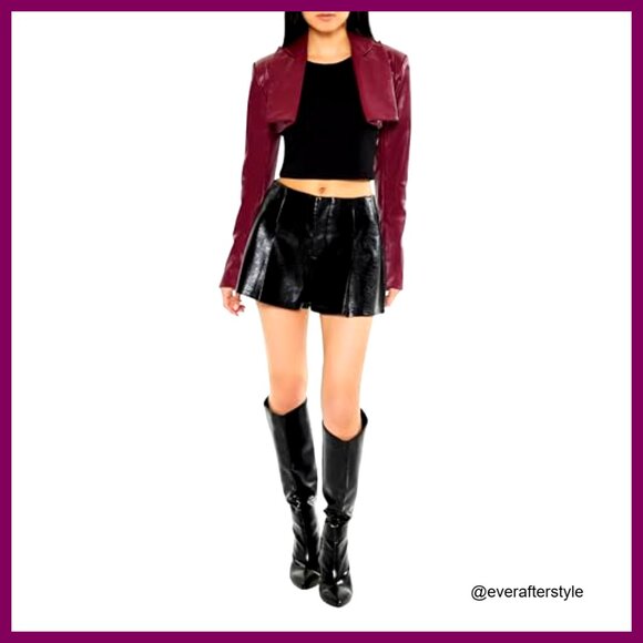 Faux Leather Cropped Blazer Y2K Chic Minimal Oversized Peak Lapels - Picture 2 of 5